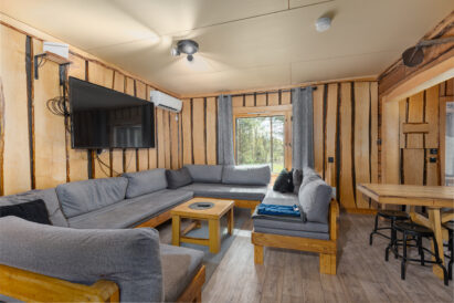 The living room at Tavastia Privacy is located at the back of the main hall. The sofas can also be used as a beds.