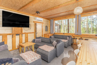 The sofa group in the main hall of Loppi Luxus and one of the hall's smart TVs. In the background, the scenery bar counter along the window wall.
